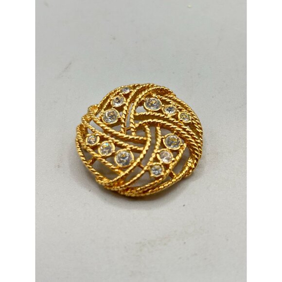 Vintage Rhinestones Pin Brooch Gold Tone Round Circle Domed Intersected Design - Picture 2 of 6